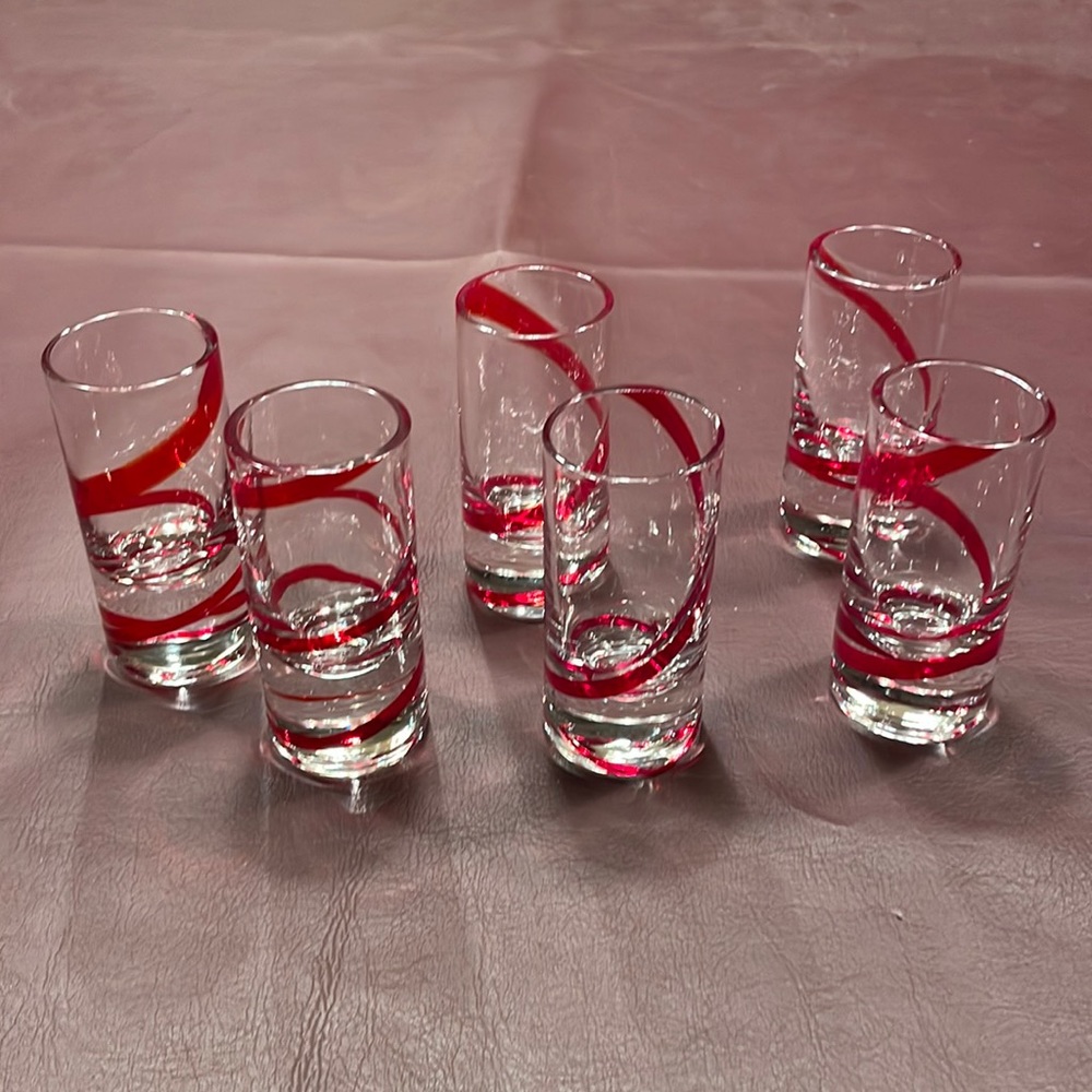 6 red swirl shot glasses